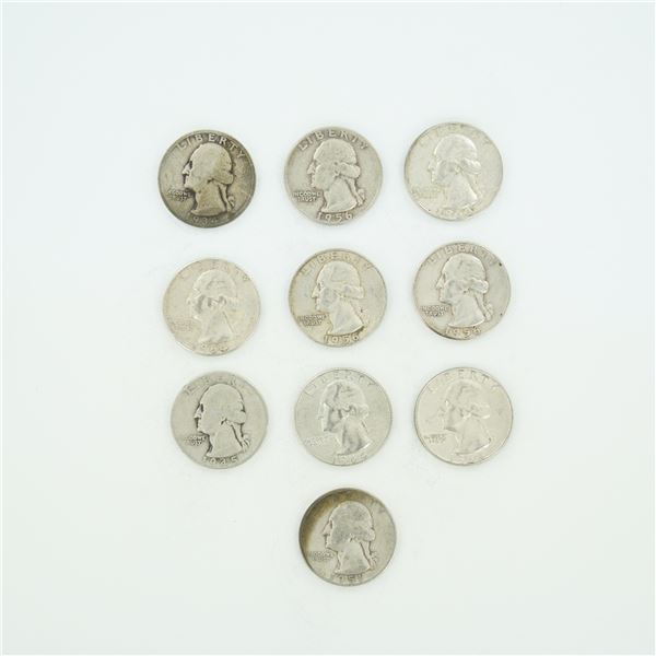 10pc Pre-1964 U.S. 90% Silver Washington Quarters