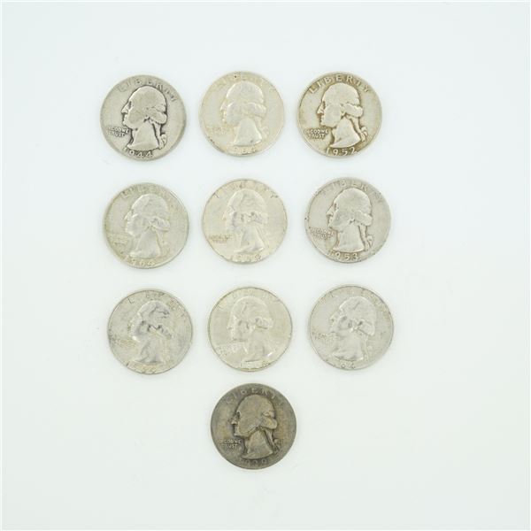 10pc Pre-1964 U.S. 90% Silver Washington Quarters
