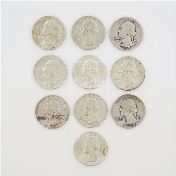 10pc Pre-1964 U.S. 90% Silver Washington Quarters