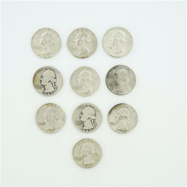 10pc Pre-1964 U.S. 90% Silver Washington Quarters