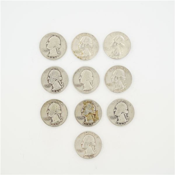 10pc Pre-1964 U.S. 90% Silver Washington Quarters