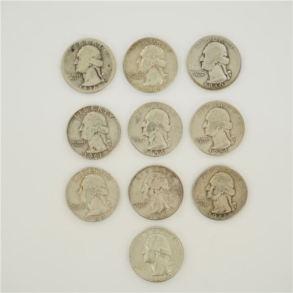 10pc Pre-1964 U.S. 90% Silver Washington Quarters