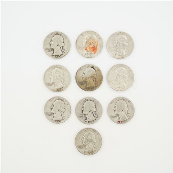 10pc Pre-1964 U.S. 90% Silver Washington Quarters