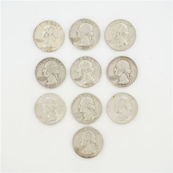 10pc Pre-1964 U.S. 90% Silver Washington Quarters