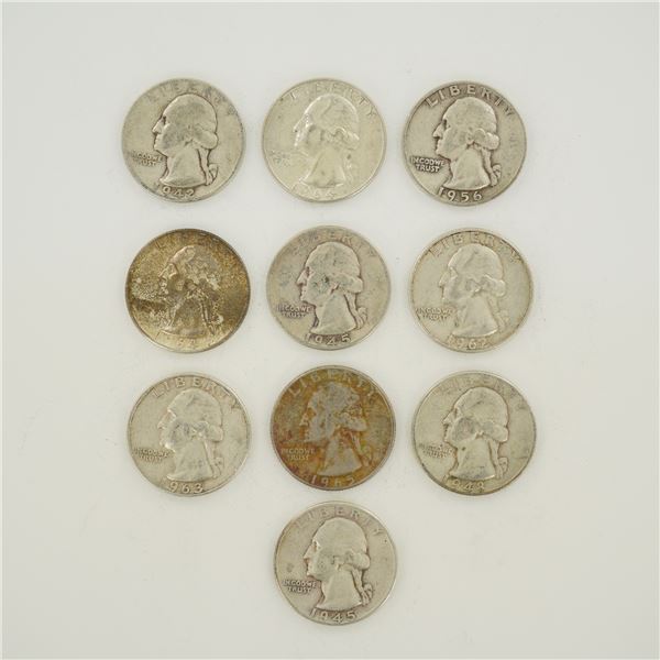 10pc Pre-1964 U.S. 90% Silver Washington Quarters