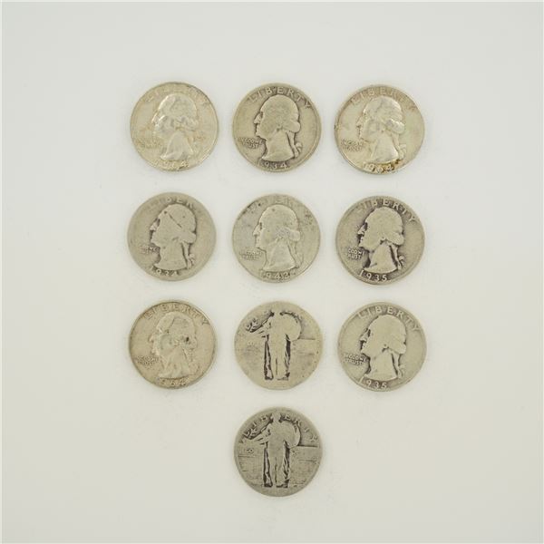 10pc U.S. 90% Silver Standing Liberty and Washington Quarters