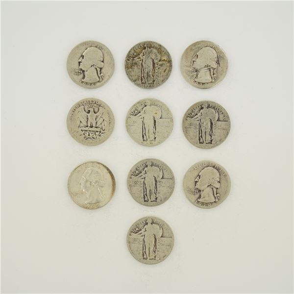 10pc U.S. 90% Silver Standing Liberty and Washington Quarters