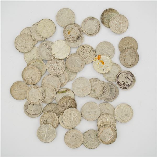 A Collection of US 90% Silver Dimes, Mixed Date Bag of Roosevelt and Mercury Types