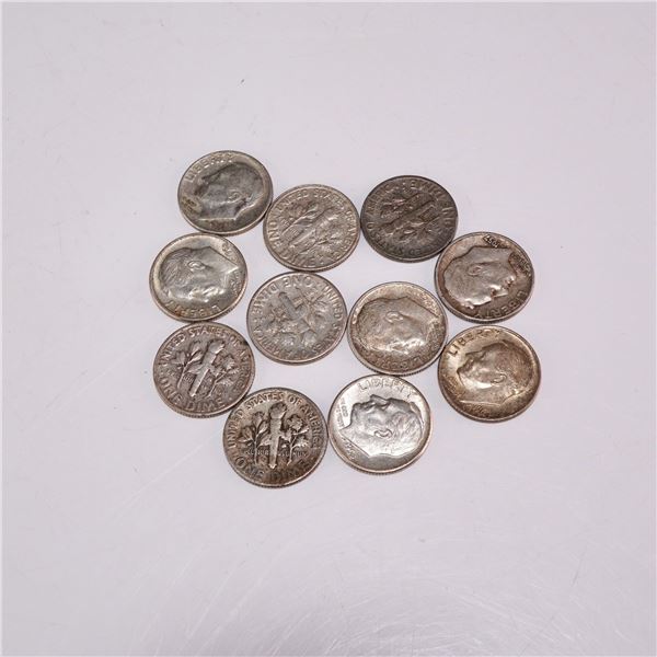 11pc 1946-1964 US Roosevelt 90% Silver Dimes