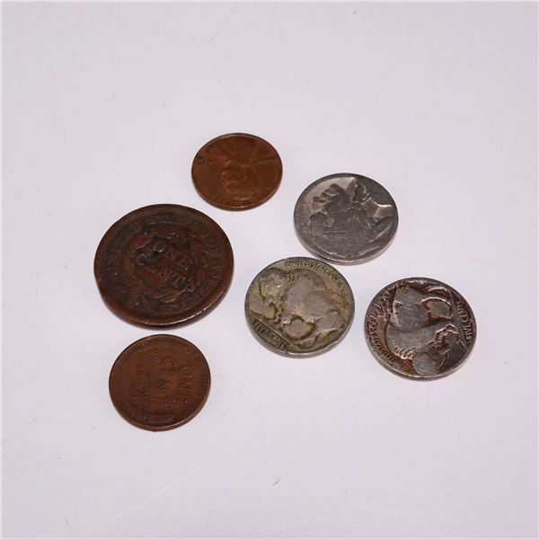 6pc US Coins with 1853 Large Cent, Three Buffalo Nickels, and Two Wheat Pennies