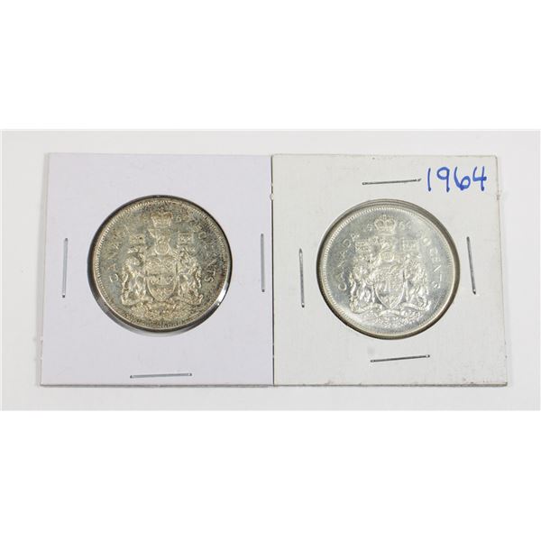 #79 1964 Fifty Cents Canada Silver Coin Lot of 2