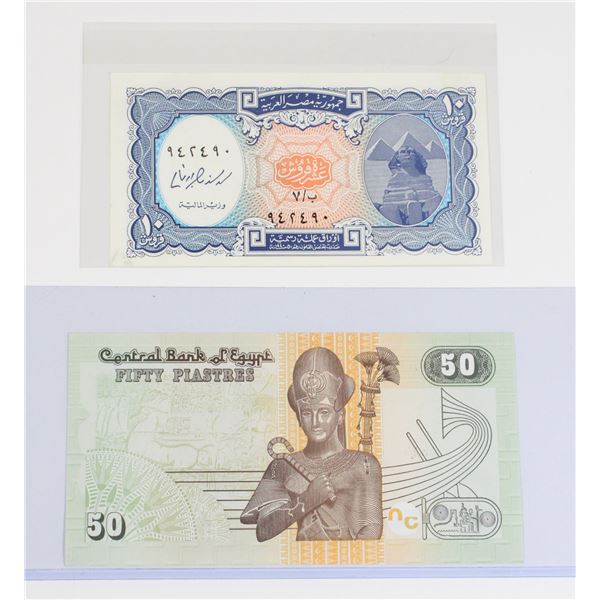 #143 Egypt 10 + 50 Plastres Bill Banknotes