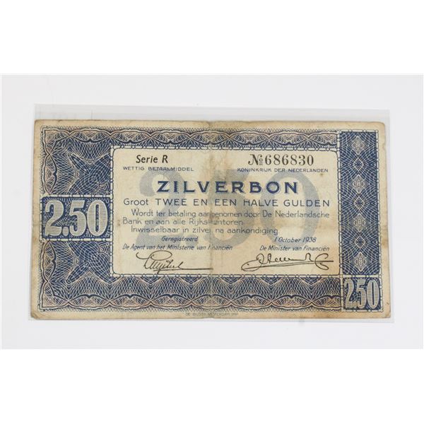 #154 1938 Netherlands 2.5 Gulden Silver Voucher