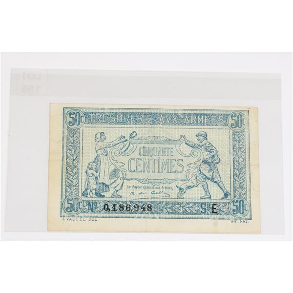 #156 WW1 France 50 Centimes Banknote Army