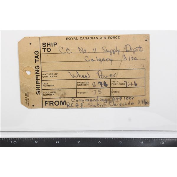 #294 RCAF Shipping Tag Claresholm Calgary Alberta