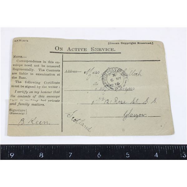 #300 WW1 1916 Military Active Service Envelope