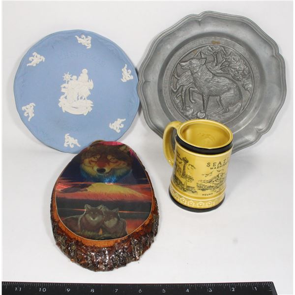 #1074 Lot includes Wolf Plaque & Plate, Mug and