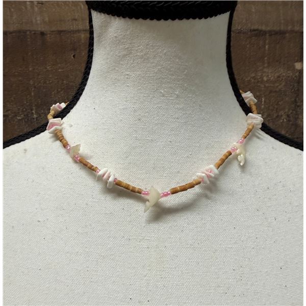 Hand Carved  Mother of Pearl Necklace w/ Dolphin & Shark Amakua 16"L