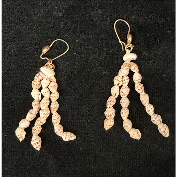 Niihau Triple Strand Onikiniki Momi Shell Earrings w/ Puka Shell 3.5"L