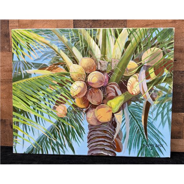 Coconut Palm Artwork by School of Daniel Kim Artist Young Chui, Unframed 20" x 16"