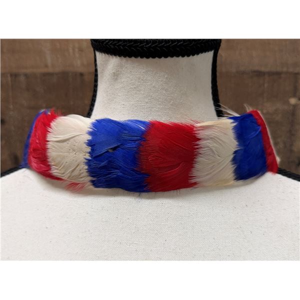 Vintage Hand-Sewn Hawaiian Red, White & Blue Feather Hat Band Lei on Flannel 25"L