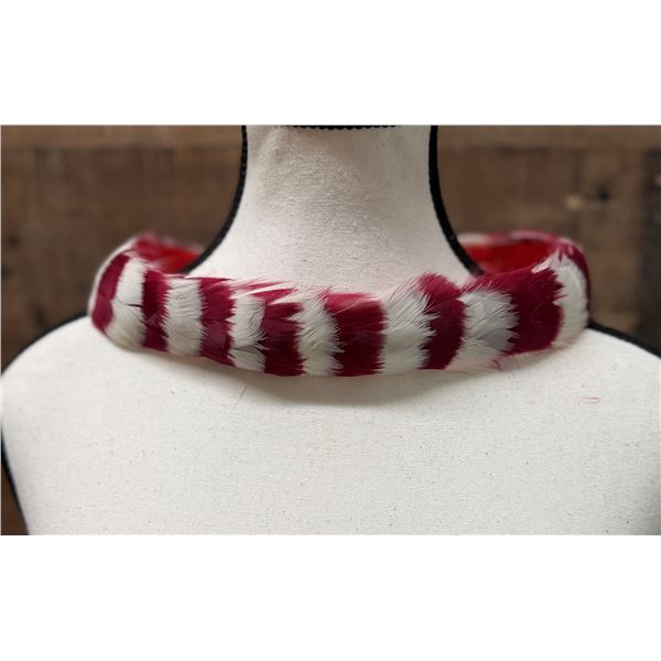 Vintage Hand-Sewn Hawaiian Red & White Feather Hat Band Lei on Flannel 28"L