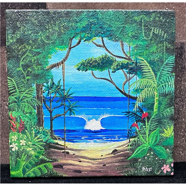 Vintage Miniature Oil Painting of Kailua Beach Access by PAF 5" x 5", Unframed