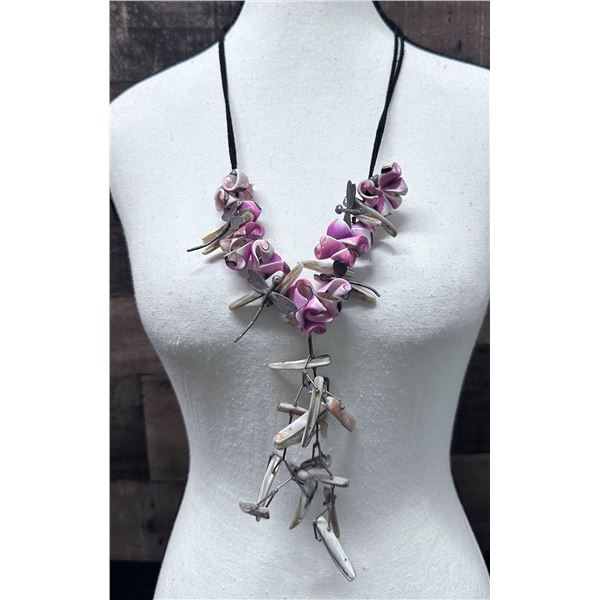 Vintage Mother of Pearl & Colored Shells Necklace on Leather Strand 40"L