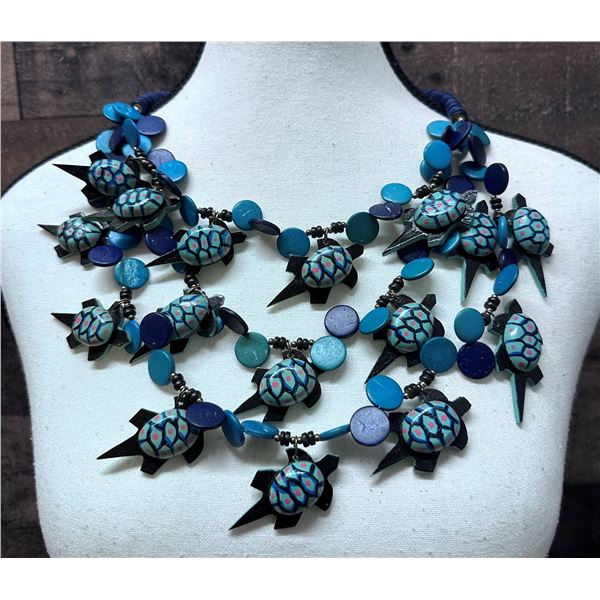 Vintage 3-Strand Necklace of Lacquered Carved Coconut in Honu Turtle Shapes 22"L