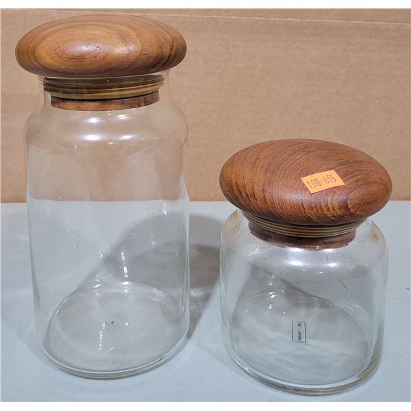 2 Glass Jars w/ Teak Lids