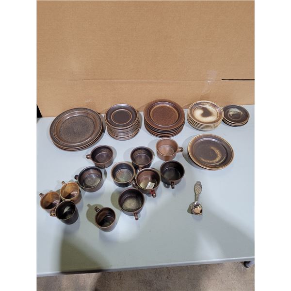 Lot of Brown Stoneware Dishes & Scandinavian Souvenir Spoon