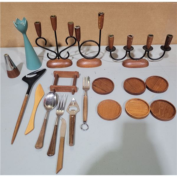 Teakwood Lot w/ Candleholders, Coasters, Utensils, & More