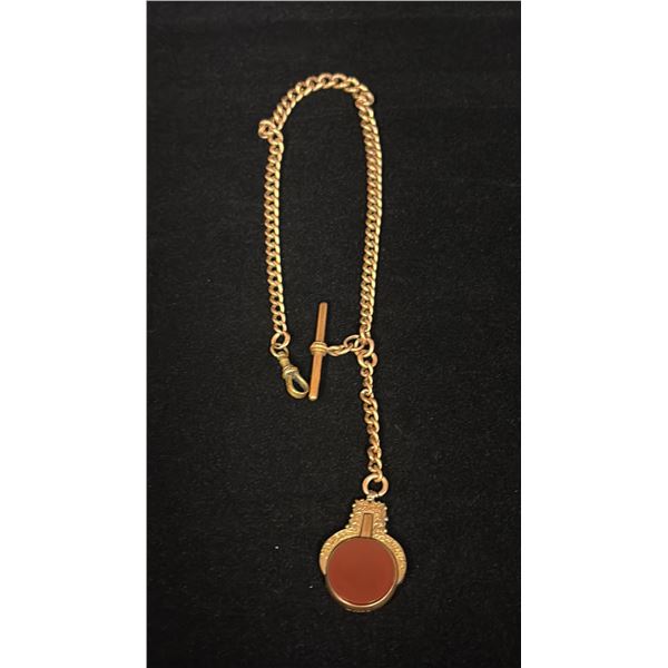 APPROX 9K WATCH CHAIN (15") WITH APPROX 9K FOB SET WITH CARNELIAN BLOODSTONE (43.5G)