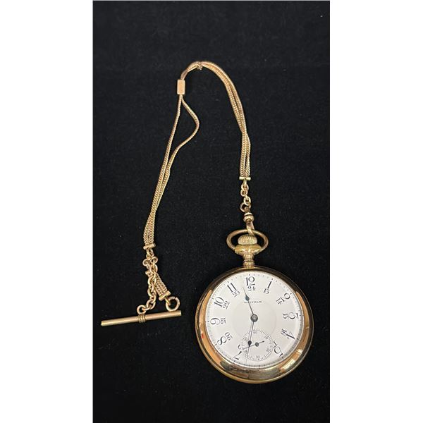 GOLD PLATED WALTHAM POCKET WATCH WITH WATCH CHAIN (12")