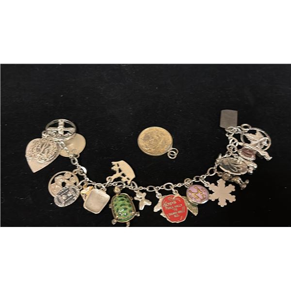 SILVER CHARM BRACELET WITH MULTIPLE SILVER AND METAL CHARMS & 1967 CANADA SILVER QUARTER PENDANT ...