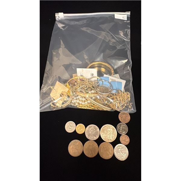 MISC COSTUME JEWELRY, 1969 CANADA DOLLAR COIN & 1958 CANADA SILVER DOLLAR COIN