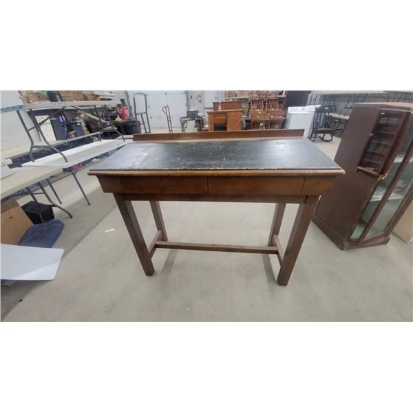 Vintage Wooden Drafting Desk with Sloped Linoleum Top and Open Storage Cubby 46 x 54 x 24"