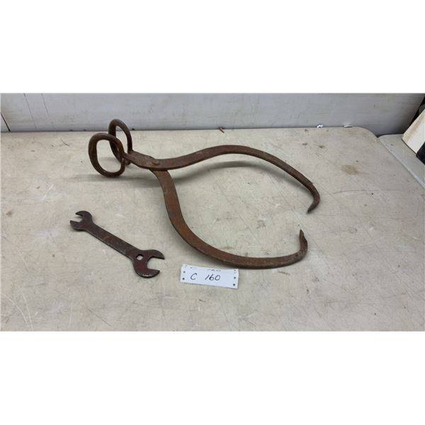 Vintage Ice Tongs with Ring Handle and Open-End Wrench
