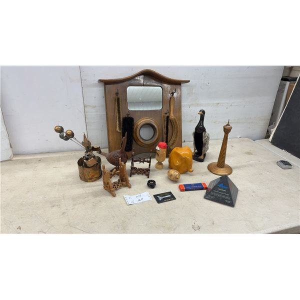 Vintage Wood Hall Tree with Brushes, Metal Clown Sculpture, Bird Figurines and More