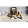 Image 1 : Vintage Wood Hall Tree with Brushes, Metal Clown Sculpture, Bird Figurines and More