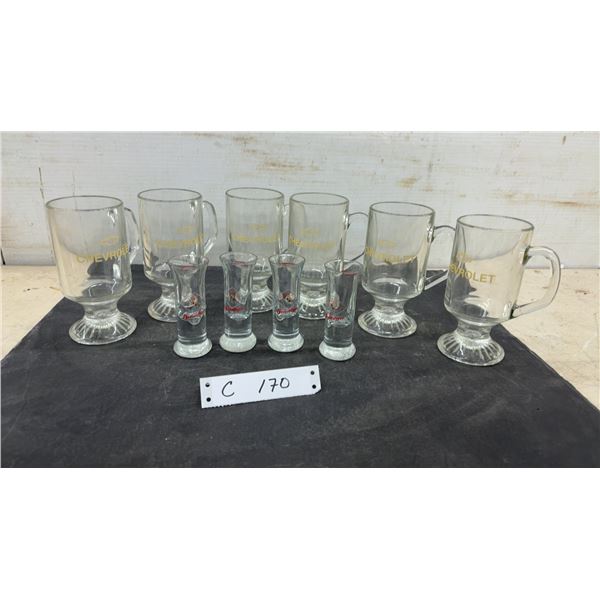 Chevrolet Glass Pedestal Mugs and Berentzen Shot Glasses, Set of Ten
