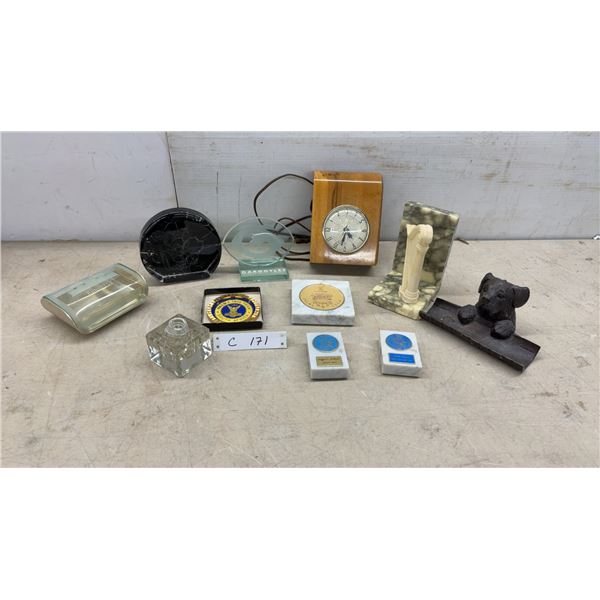 Bronze Dog Pen Tray, Vintage Desk Clock, Glass Inkwell, Marble Paperweights, and More