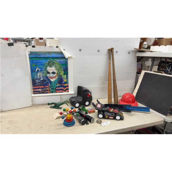 Joker Painting, Little Tikes Toy Vehicles, Wooden Baseball Bats, Plastic Fireman Hat, and More