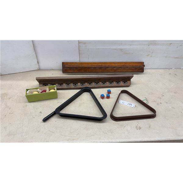 Wooden Wall-Mounted Pool Cue Racks, Ball Racks, Billiard Balls, and Chalk