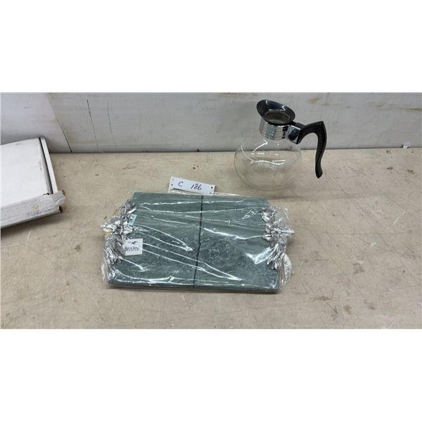Seagull Pewter Green Marble Serving Board with Floral Handles and Glass Coffee Carafe