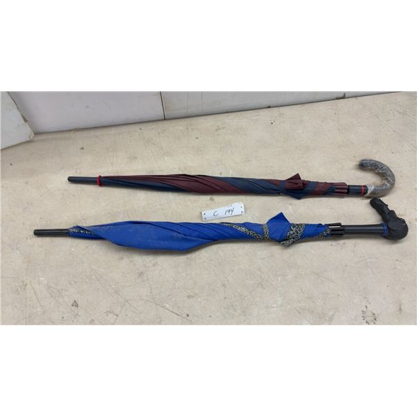 Two Full-Size Umbrellas with Decorative Handles Including Dog Head Design