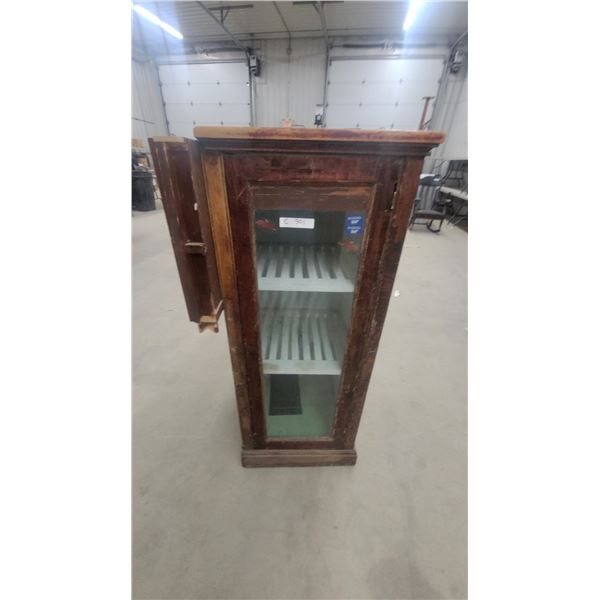 Vintage Wooden Tobacco Display Cabinet with Glass Front and Slatted Shelves 52 x 21 x 21"