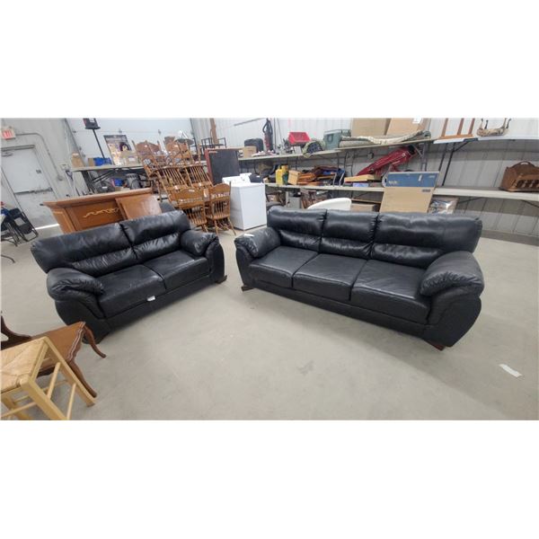 Black Leather-Look Three-Seat Sofa Set with Rolled Arms 82" Wide and 2 Seater Love Seat 50"