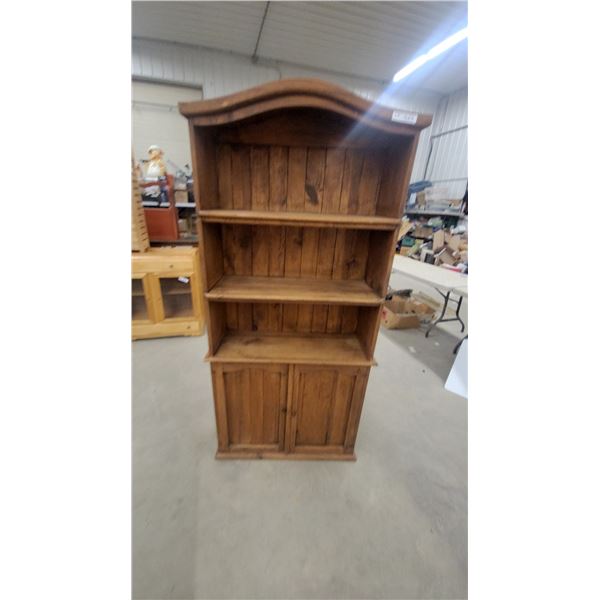 Rustic Pine Bookcase with Arched Crown and Lower Cabinet Doors 74 x 33 x 12"
