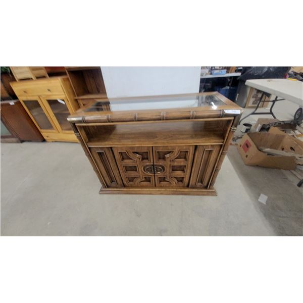 Hollywood Regency Style Faux Bamboo Display Console Cabinet with Glass Top 33 x 18 x 44"